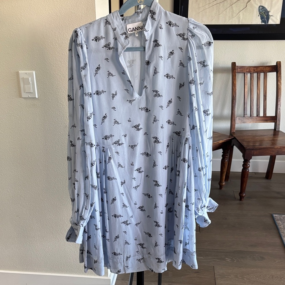 Ganni Light Blue Dress with Floral Print